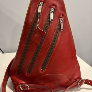 Diagonal Brand Genuine Leather Purse Backpack, Made In Quebec Canada, Red